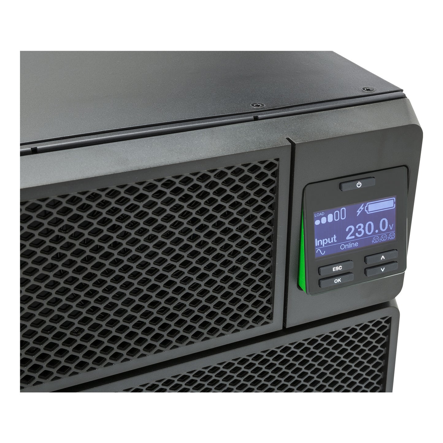 APC SRT10KRMXLI black UPS with digital voltage display and status indicators