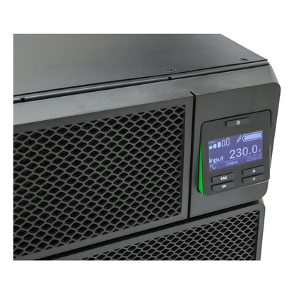 APC SRT10KRMXLI black UPS with digital voltage display and status indicators