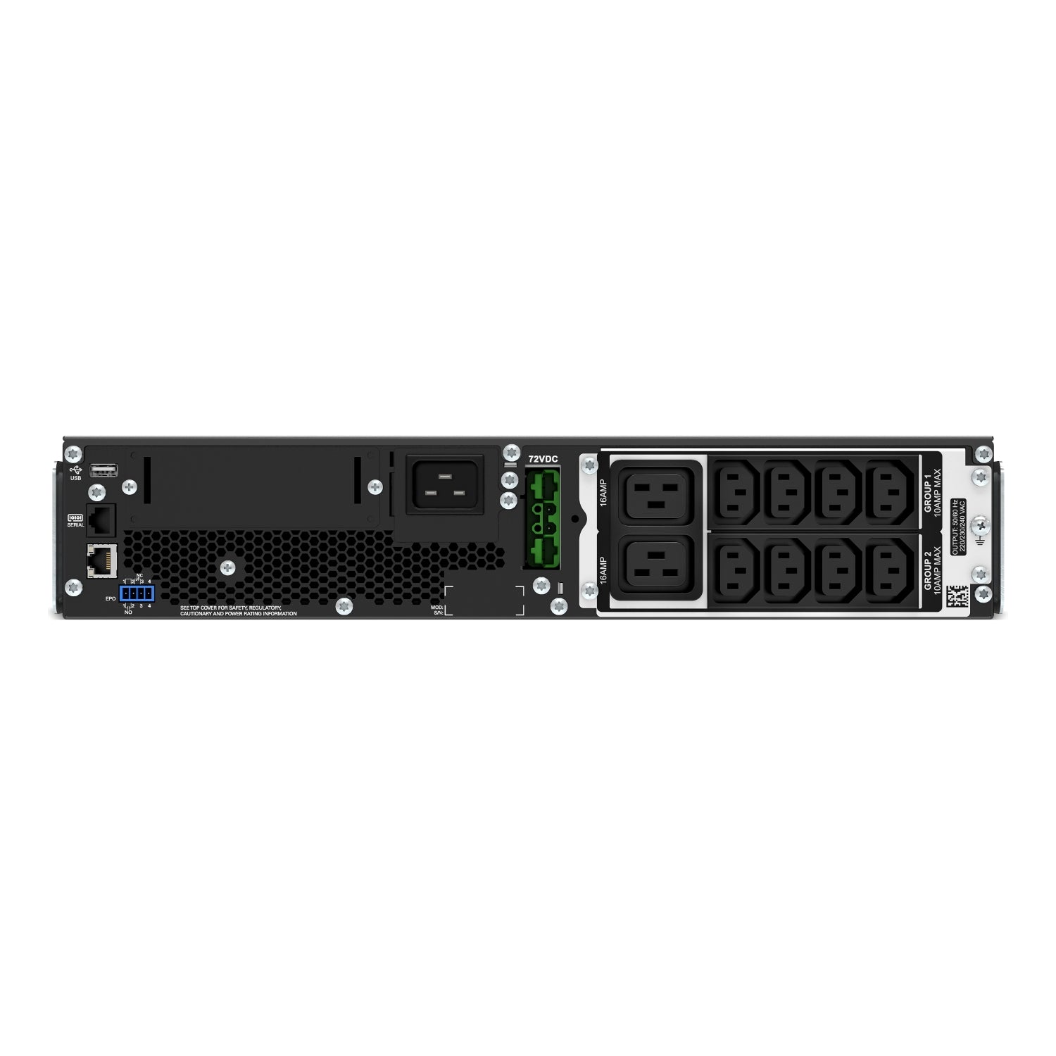 APC SRT2200RMXLI back panel with black silver rack power outlets USB ethernet green LED