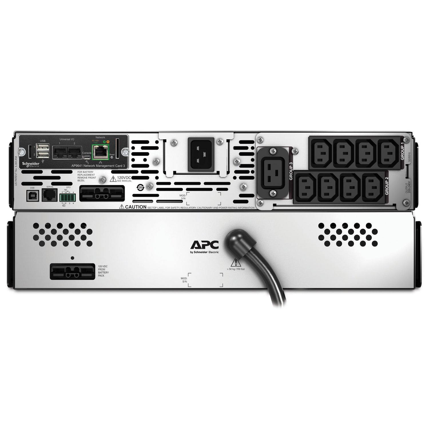 Rear view of APC SMX3000RMHV2UNC Smart-UPS X 3000VA with silver NMC, black outlets, USB