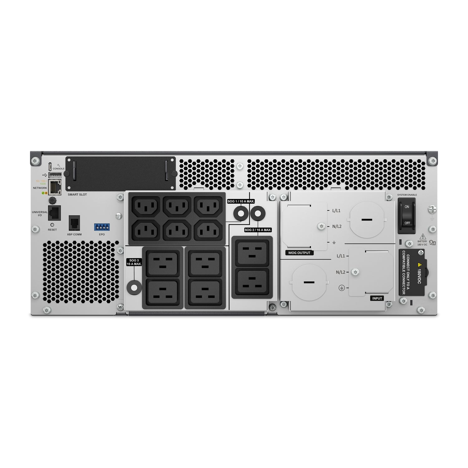 APC SRTL10KRM4UI 10kW rack UPS with silver server rack, black outlets, vents