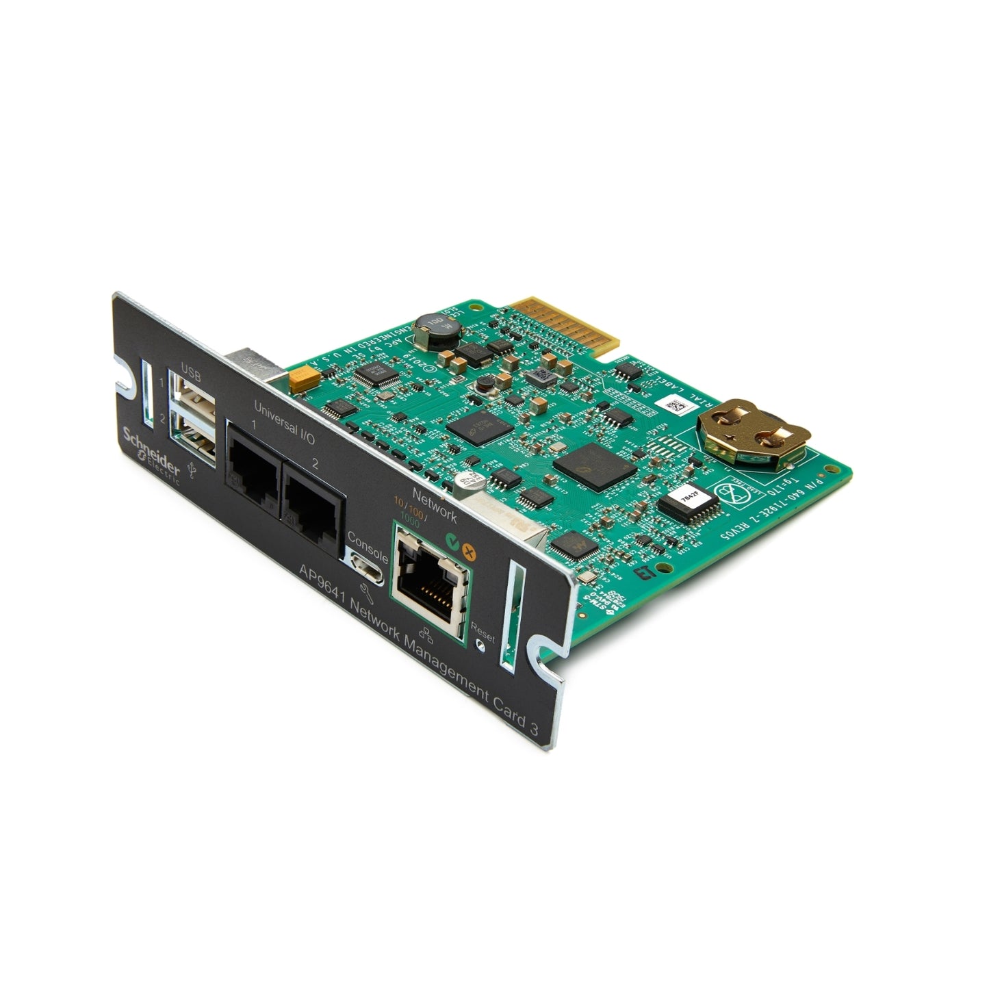 APC AP9641 NMC3 card with green PCB, USB, Ethernet ports on black bracket