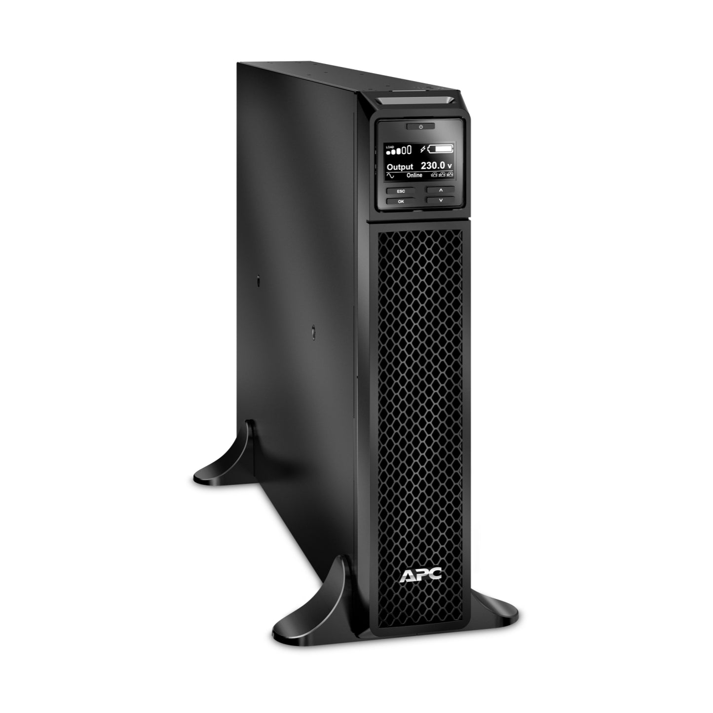 APC SRT3000XLI 3000VA UPS tower with digital display and mesh front