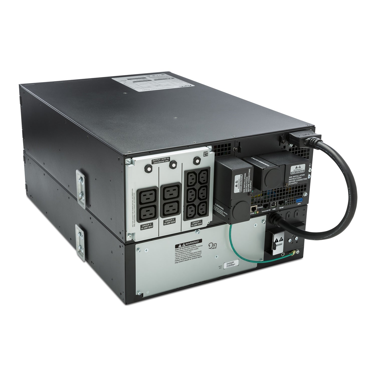 APC SRT6KRMXLI black metal server rack with power outlets and network ports