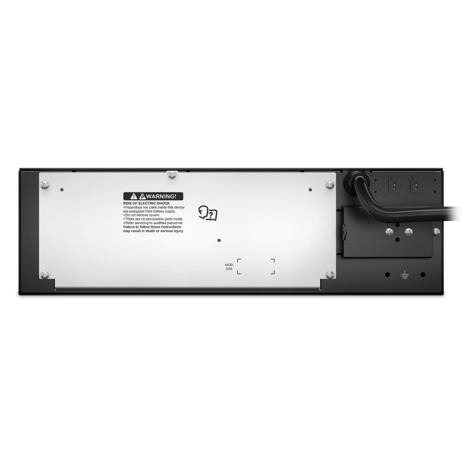 Back view of APC SRT192RMBP Smart-UPS On-Line rackmountable battery pack with silver panel and labels