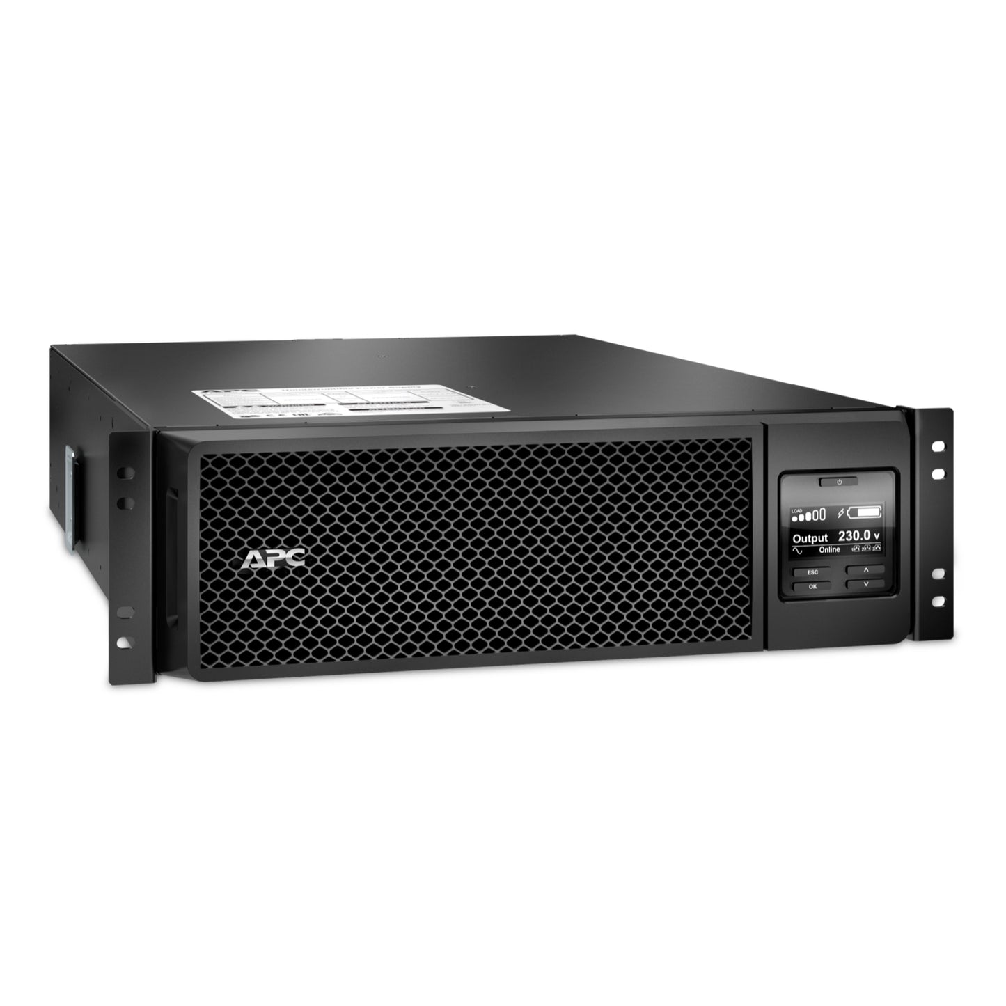 APC SRT5KRMXLI 5000VA rack-mount UPS with honeycomb grille and display