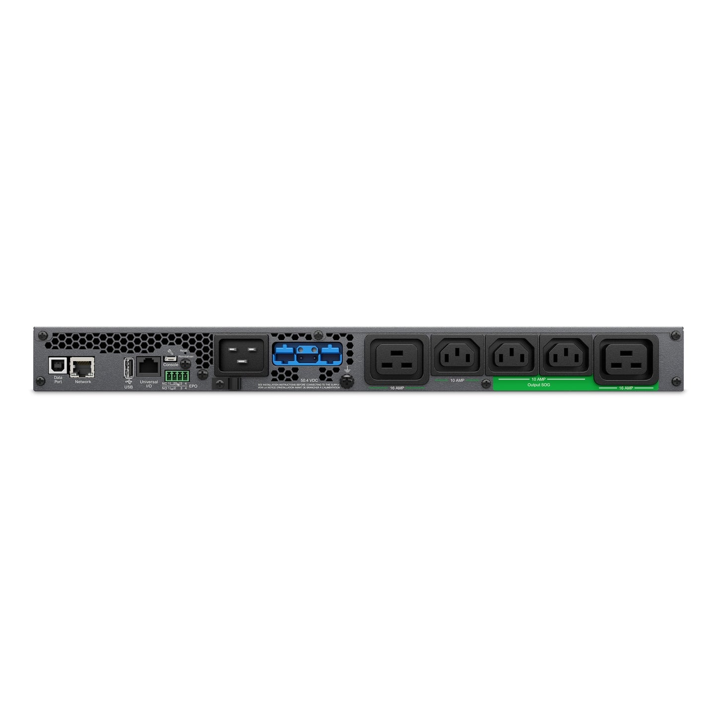 APC SRTL3KRM1UINC Smart-UPS rear view with power outlets, Ethernet and USB ports