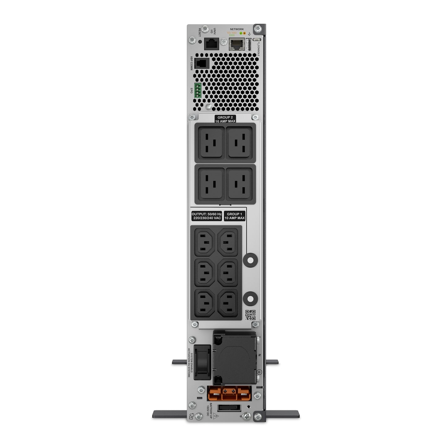APC SRTL5KRM2UI rear view: silver server rack with black power outlets and ports
