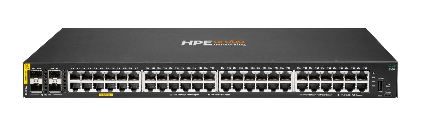 Aruba JL675A | 48G PoE, 4 SFP+ Uplinks, 370W, L3 Managed, CX 6100 Series Switch