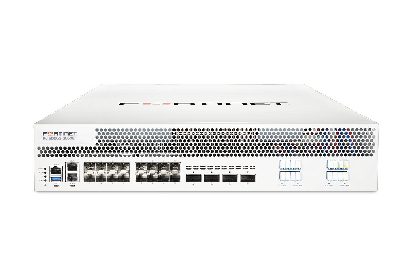 White Fortinet FG-6025-3C firewall in FDD-2000E-DC 10-port DDoS system