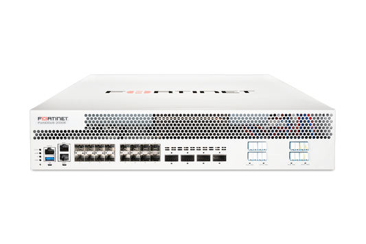 White Fortinet FG-6025-3C firewall in FDD-2000E-DC 10-port DDoS system