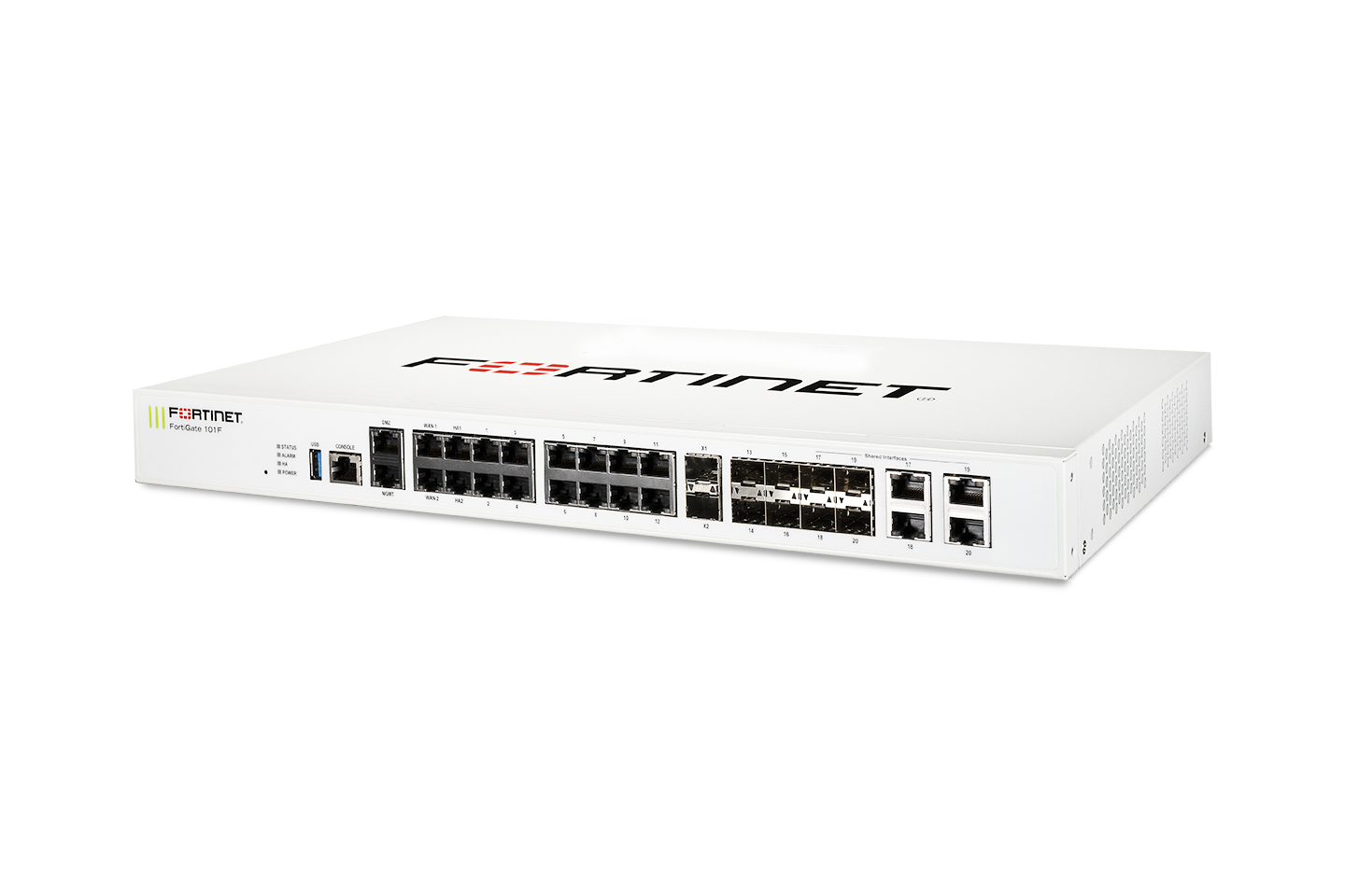 White Fortinet FortiGate-101F firewall with 22 GE RJ45 ports, dual PSU