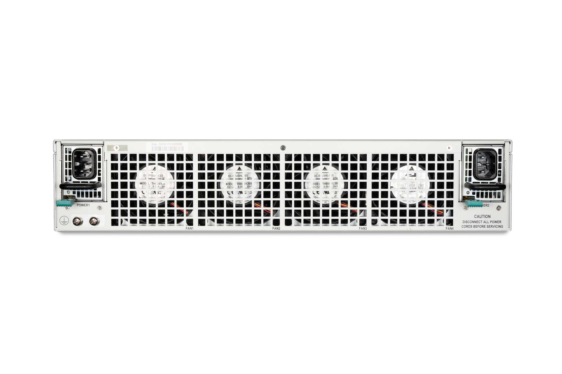 Back of Fortinet FortiGate-3401E server rack with fan vents and power ports