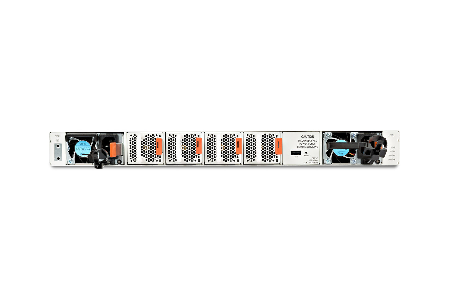 Fortinet FS-1048E white server rack with orange accents and black fans