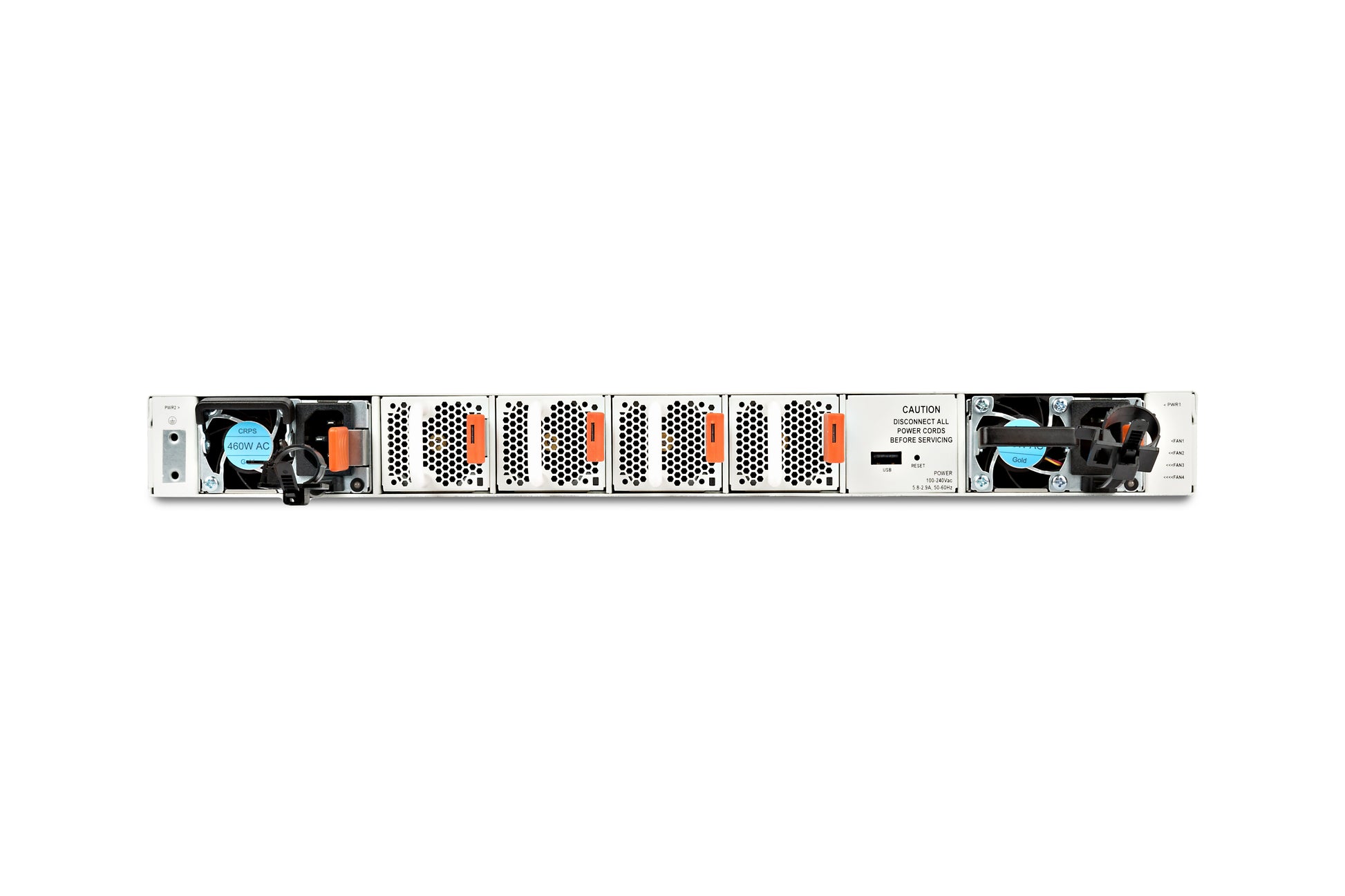 Fortinet FortiSwitch-1048E-USG white server rack with orange accents