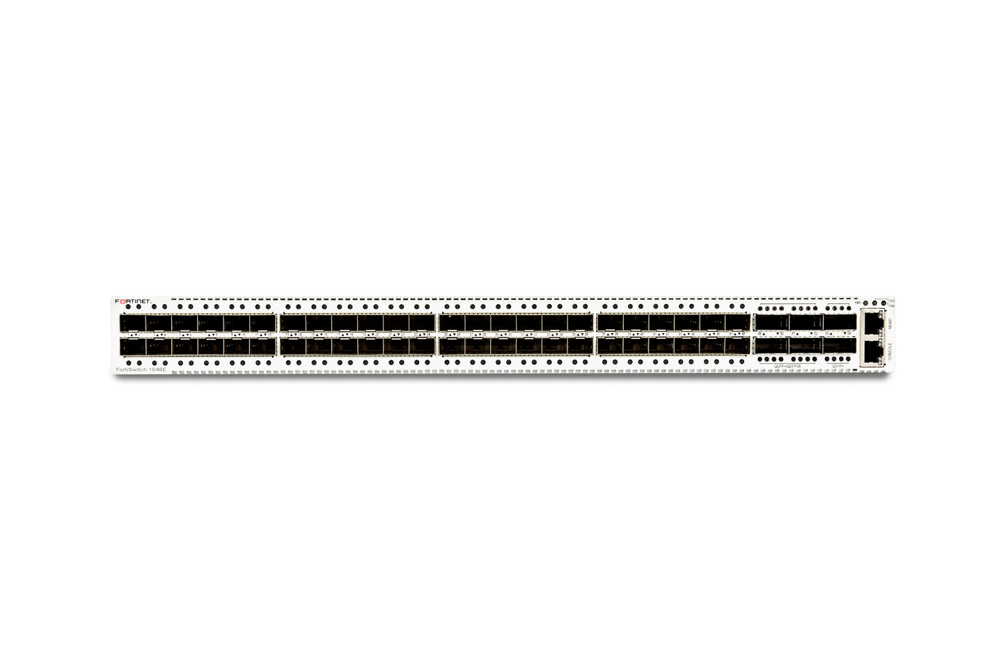 White Cisco Catalyst 9500 switch with black ports, Fortinet FS-1048E-USG model