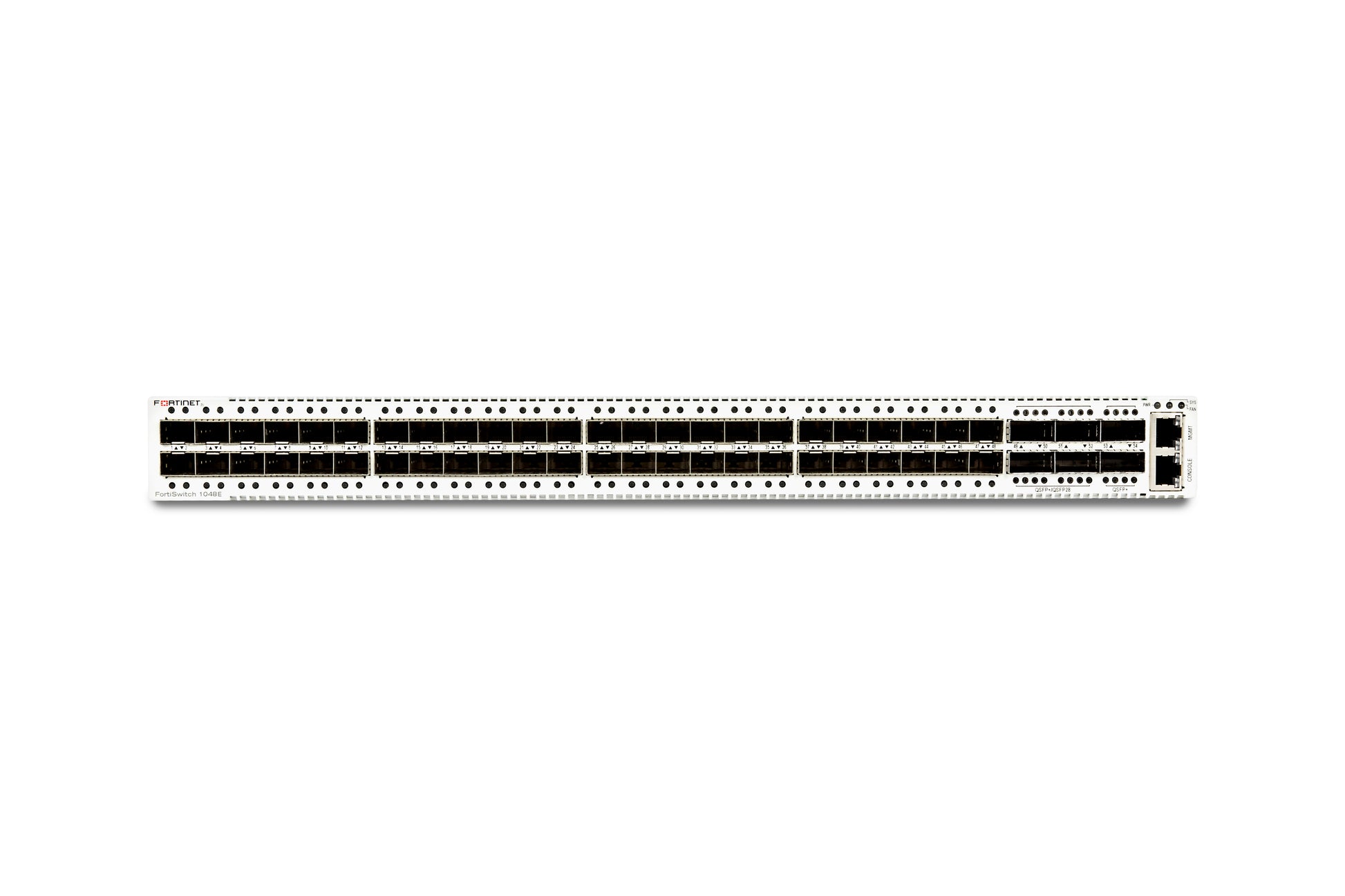 White Cisco Catalyst 9500 switch with black ports, Fortinet FS-1048E-USG model