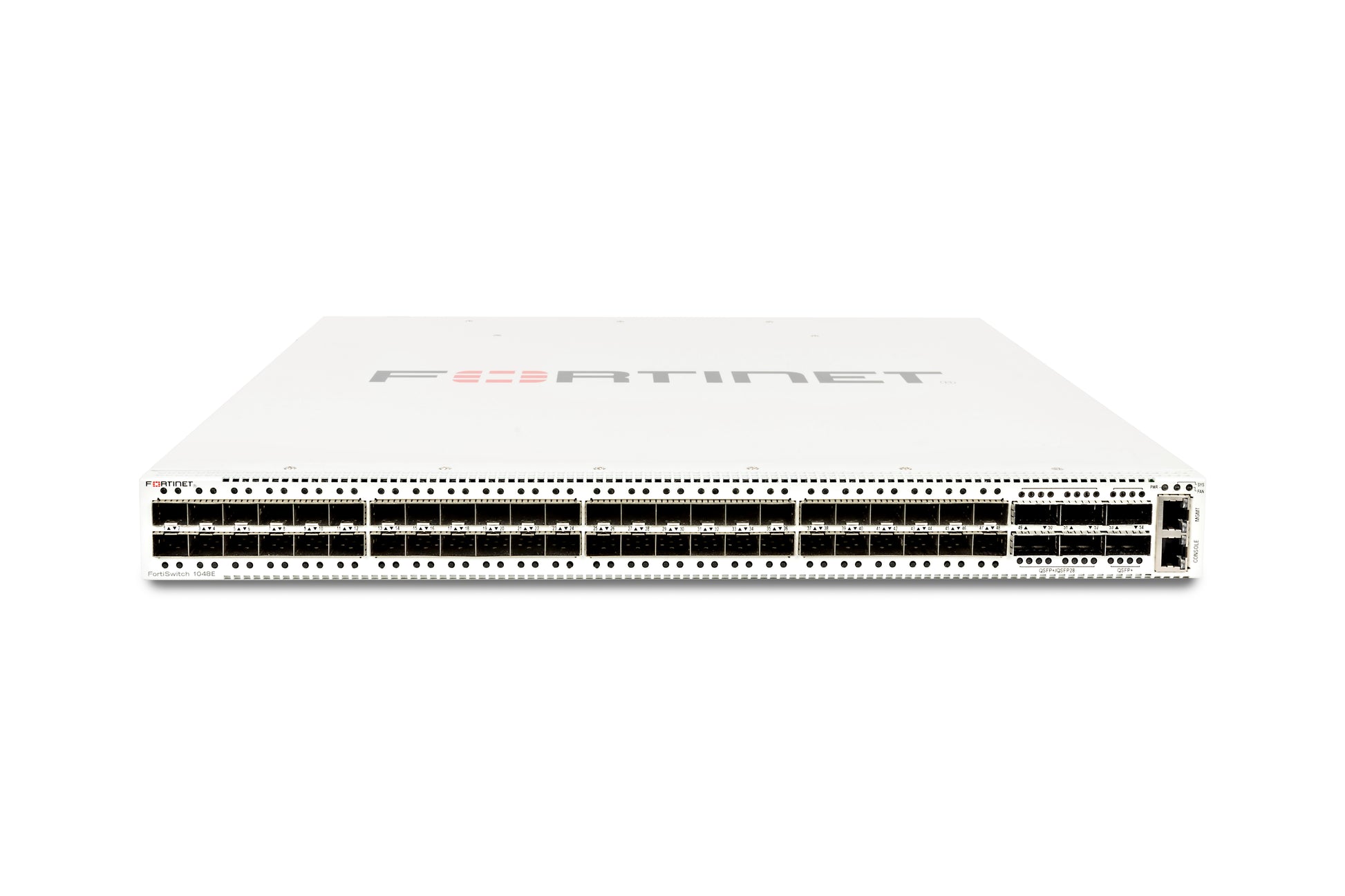 Fortinet FS-1048E white network switch with 48 GE/10GE ports and logo