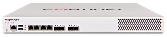 Back of white Fortinet FortiGate-60E firewall with Ethernet ports and vent grille