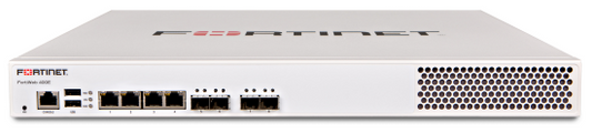 Back of white Fortinet FortiGate-60E firewall with Ethernet ports and vent grille