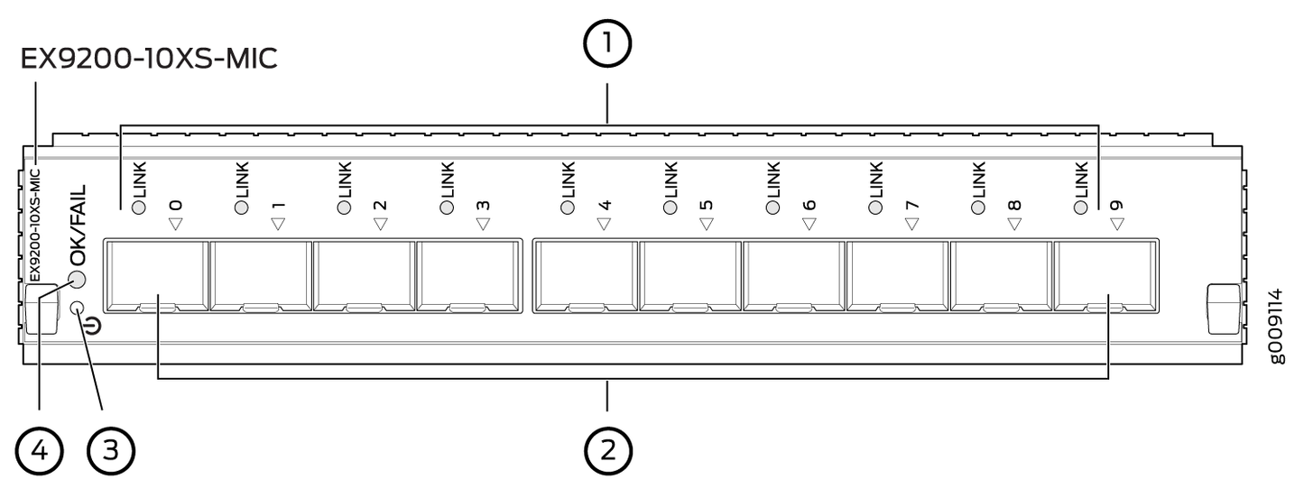 Black rectangular juniper ex9200 series network switch with ten 10gbasex ethernet ports and one microphone input port
