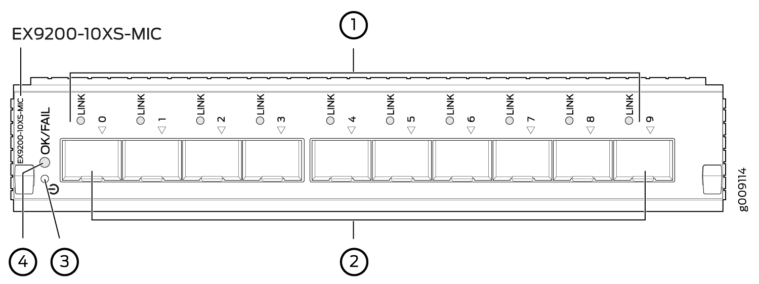 Black rectangular juniper ex9200 series network switch with ten 10gbasex ethernet ports and one microphone input port