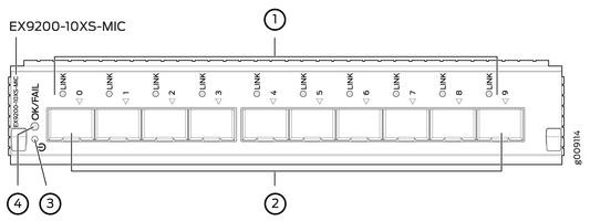 Black rectangular juniper ex9200 series network switch with ten 10gbasex ethernet ports and one microphone input port