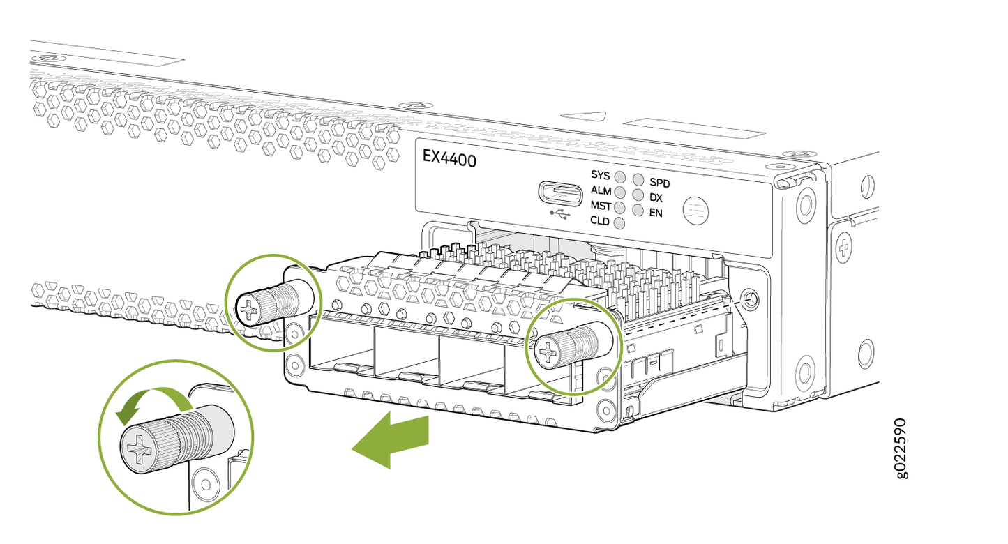 Juniper ex4400 network switch with modular port expansion tray and labeled status indicators in black metal casing