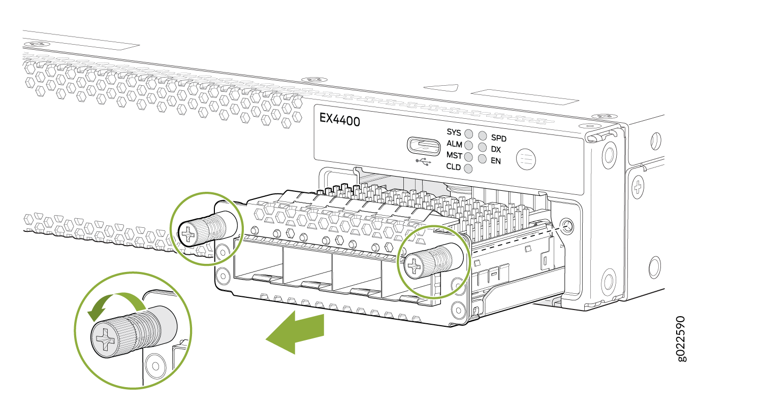 Juniper ex4400 network switch with modular port expansion tray and labeled status indicators in black metal casing