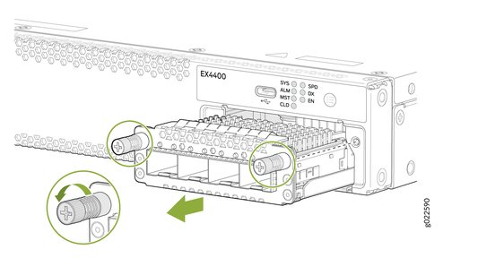 Juniper ex4400 network switch with modular port expansion tray and labeled status indicators in black metal casing