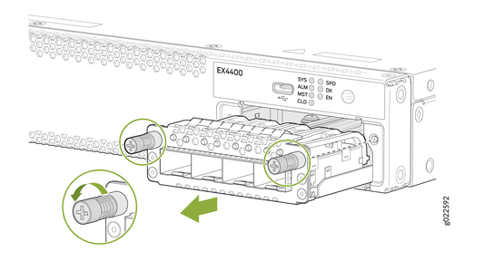 Juniper ex4400-em-4s network switch with hexagonal ventilation slots and labeled status indicators on the back side