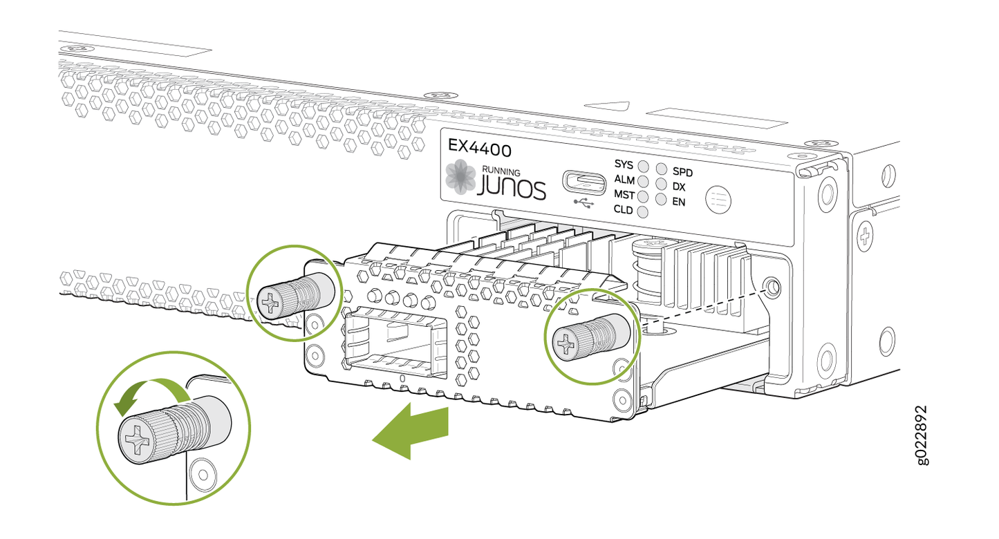 Juniper ex4400 em 1c network switch module with metallic housing and labeled ports for 1x100g macsec aes256 extension