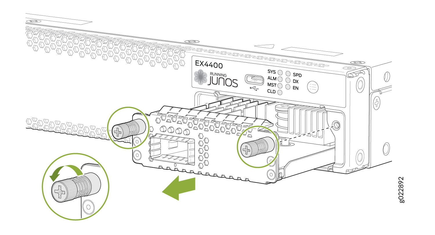 Juniper ex4400 em 1c network switch module with metallic housing and labeled ports for 1x100g macsec aes256 extension