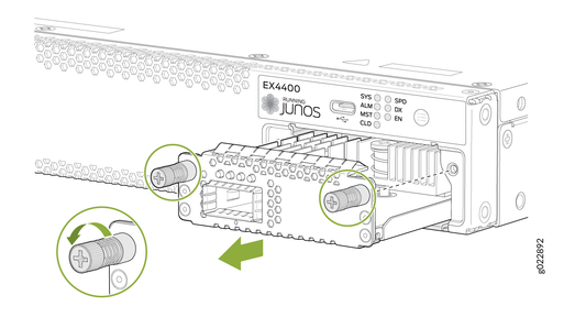 Juniper ex4400 em 1c network switch module with metallic housing and labeled ports for 1x100g macsec aes256 extension