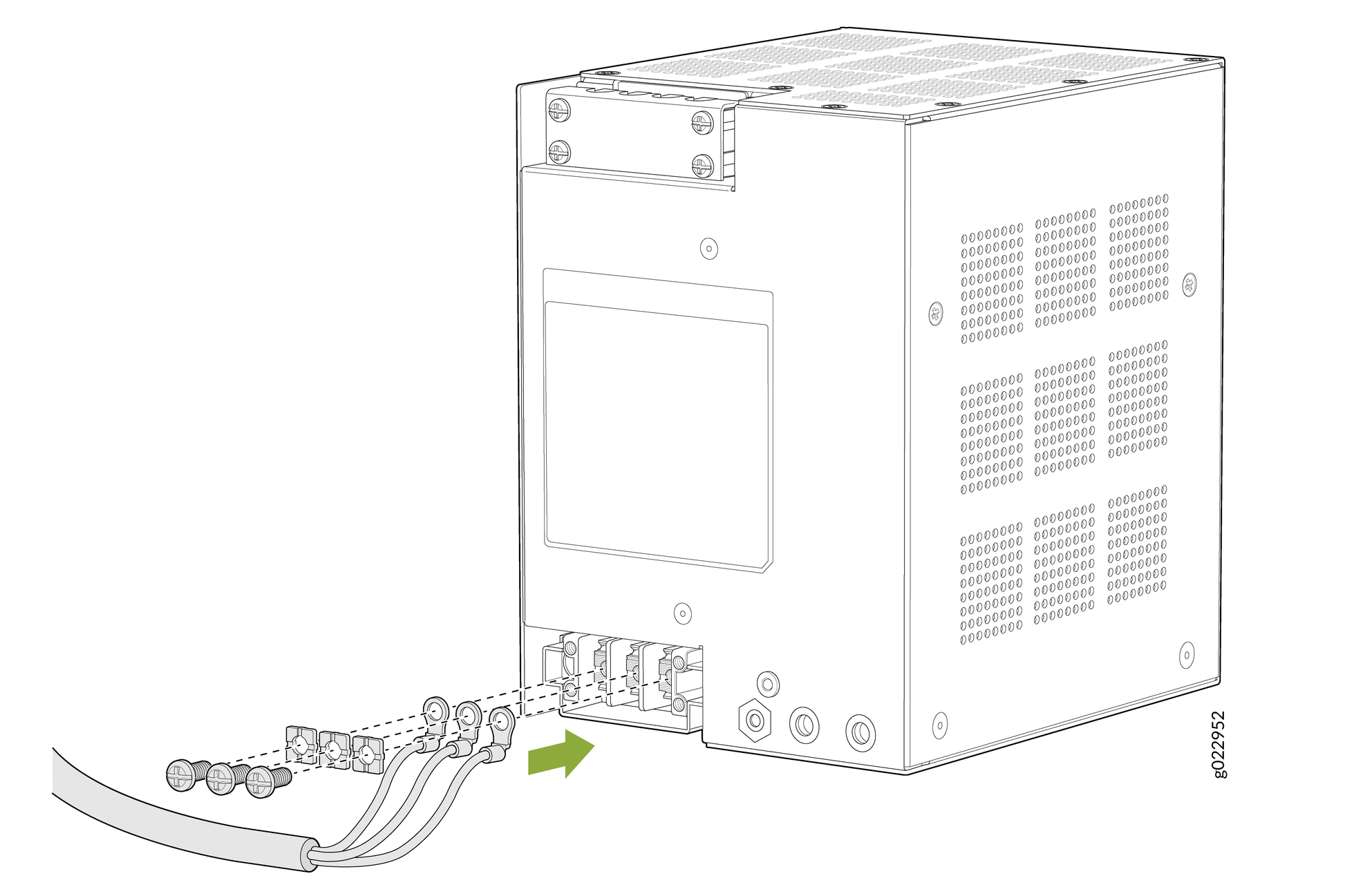 Rear view of Juniper CBL-PWR-RGD-DC DC power cord with terminal lug, ports