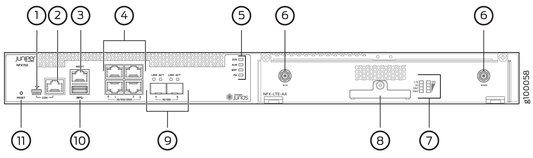 Rear panel of black Juniper MX960 router with Ethernet and serial ports, NFX LTE modem