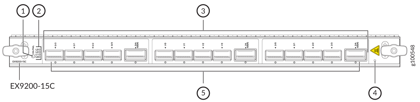 Black Juniper EX9200-15C network switch with 15 ports and yellow power indicator light from EX9200 series line card