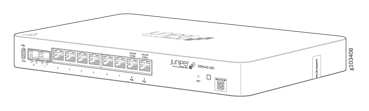 White juniper srx410-2ac network firewall appliance back with multiple ethernet ports and indicator lights for secure routing