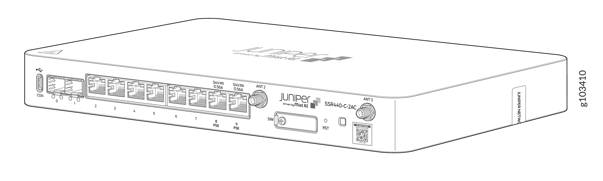 White juniper ssr440-c-2ac network switch with multiple ethernet ports compact rectangular design for session smart routing