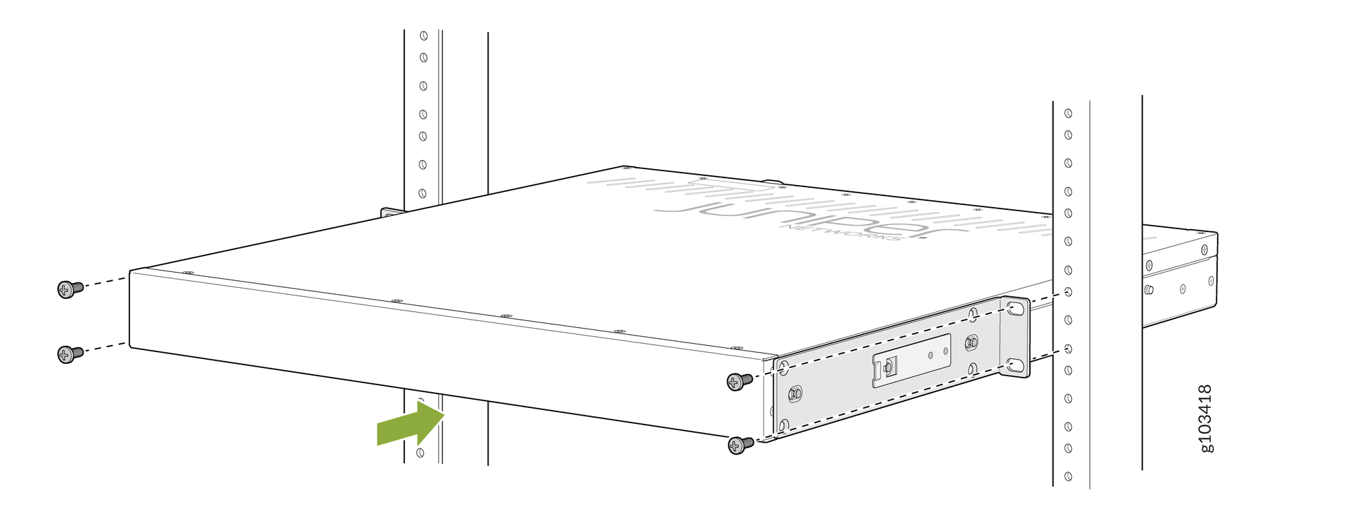 Gray metal server rack unit with mounting brackets and front display screen for juniper srx series toolless rack mount kit