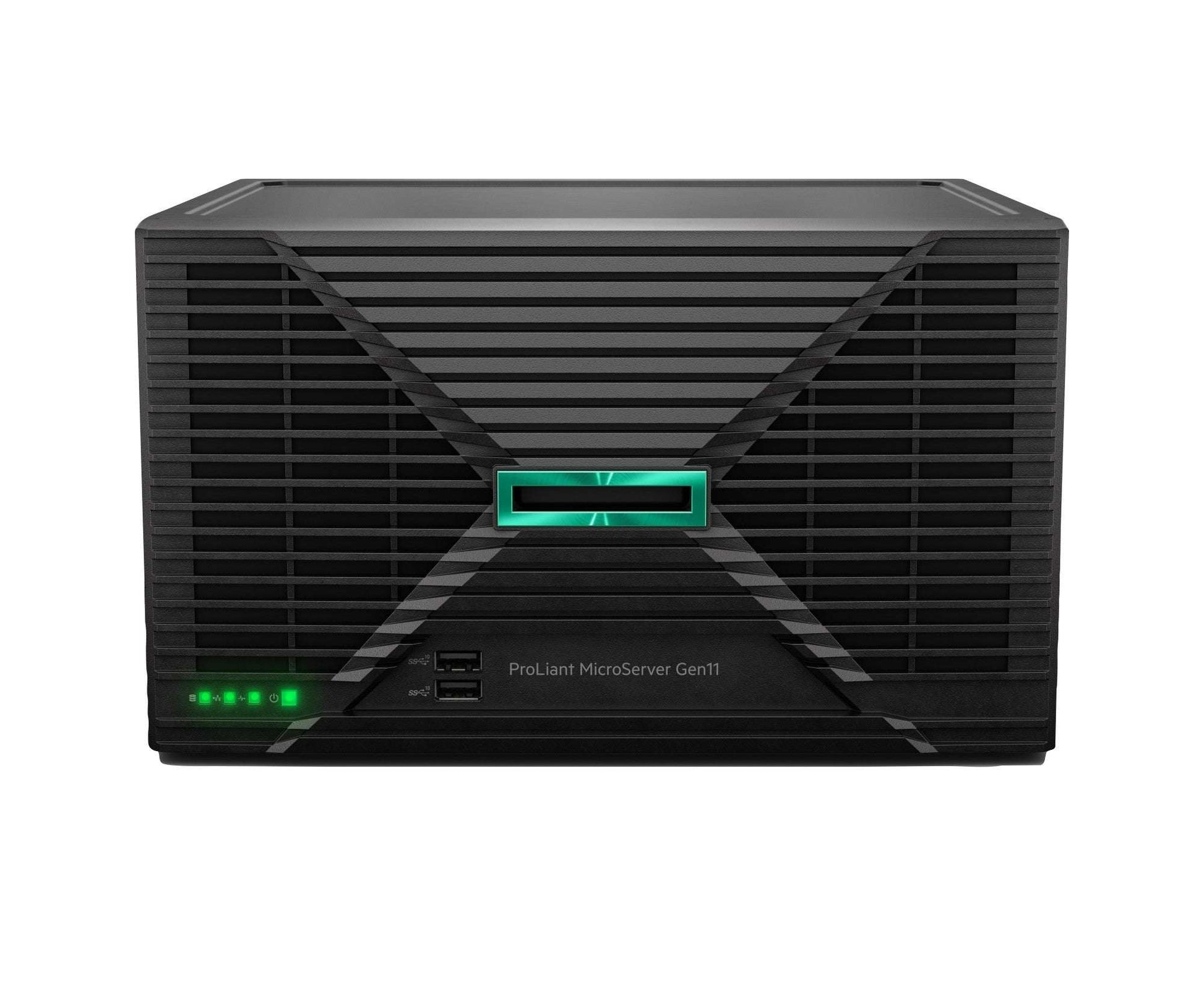 HPE ProLiant MicroServer Gen11 black angular design with green LEDs, 180W PSU
