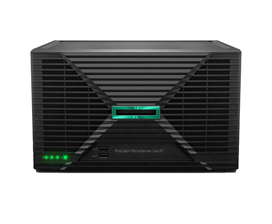 HPE ProLiant MicroServer Gen11 black angular design with green LEDs, 180W PSU