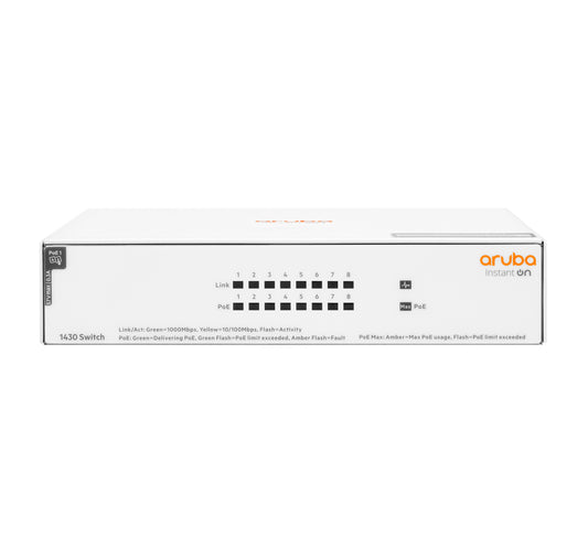 Aruba Instant On R8R46A#ABG | 1430 8-Port Gigabit PoE Switch, 64W Power Budget, Unmanaged