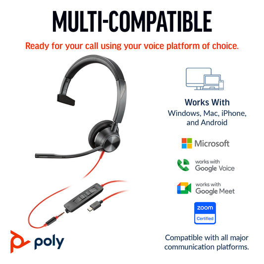 Poly 8X217AA | Blackwire 3315 UC Mono USB-C Headset with 3.5mm Jack & USB-A Adapter