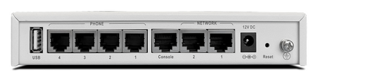 Fortinet FVG-GS04 white rectangular network switch with labeled USB, phone, ethernet ports