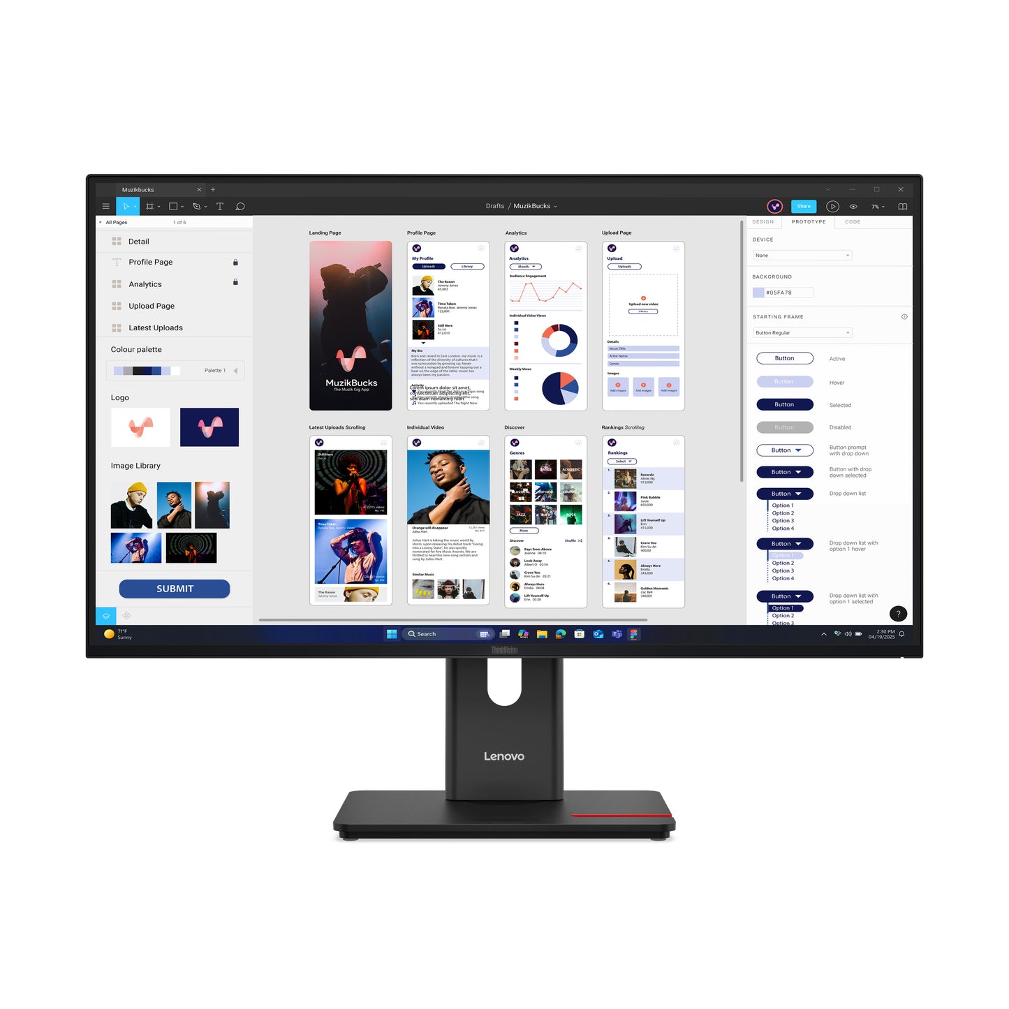 Lenovo ThinkVision T32UD-40 4K monitor displaying UI mockups