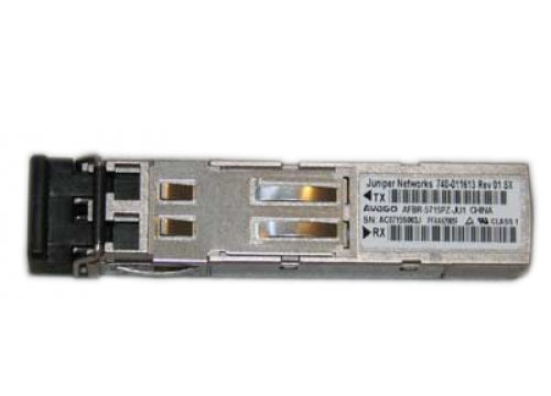 Silver metal juniper srx-sfp-1ge-lh-et sfp+ transceiver with black connector housing and printed labeling for 1g single-mode use