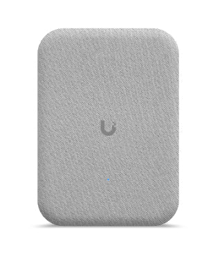 Gray textured fabric-wrapped ubquiti up-ai-speaker wireless charging pad with subtle u-shaped logo for indoor use