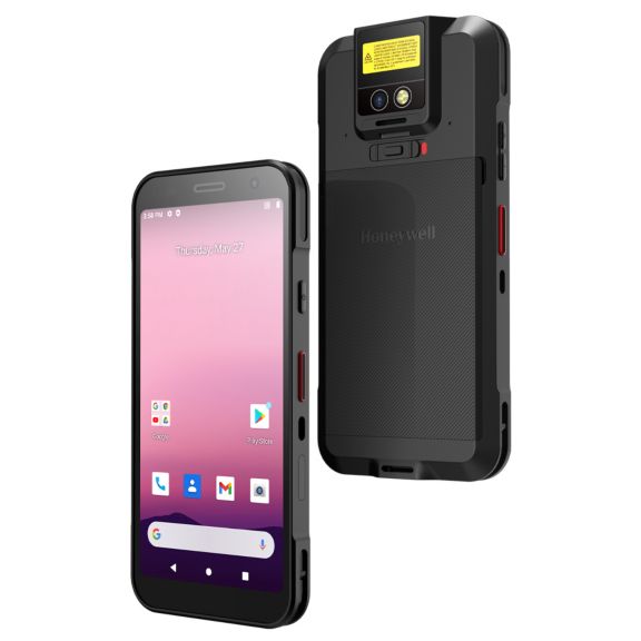 Back view of black rugged Honeywell CT32 handheld computer with reinforced corners, textured back, dual cameras and laser scanner