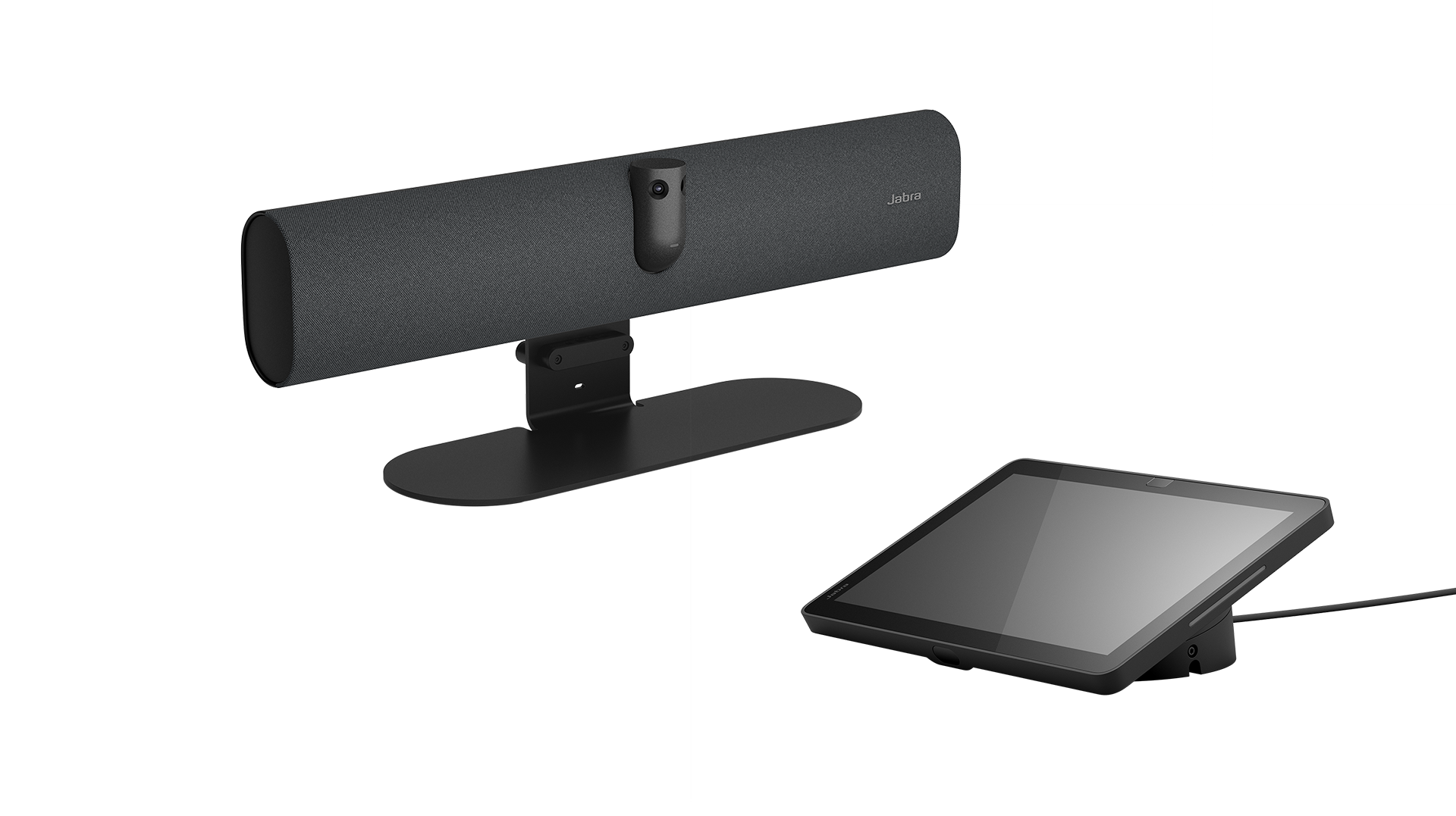 Jabra PanaCast 40 4K AI video bar with mic and speaker on stand by tablet